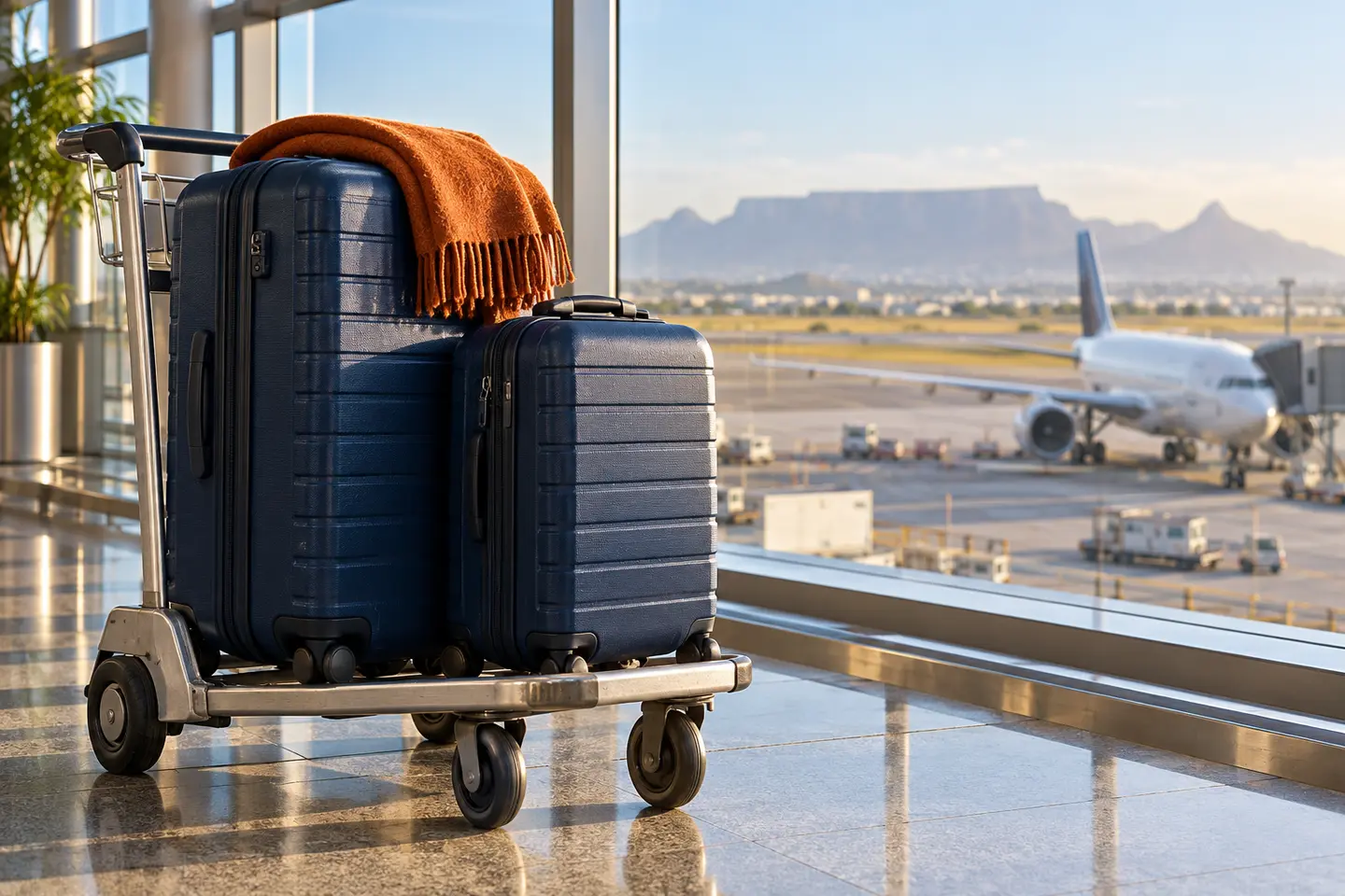 Illustrative checked suitcase and cabin bag beside airport windows