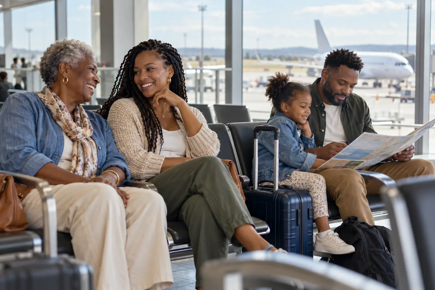 Illustrative family waiting together in an airport terminal