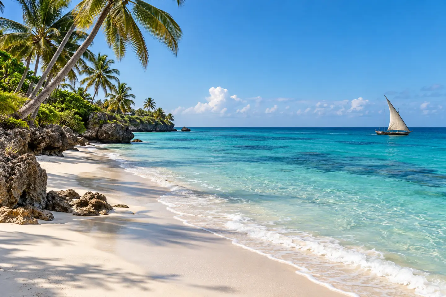 Illustrative palm-lined Kenyan coast with a dhow offshore