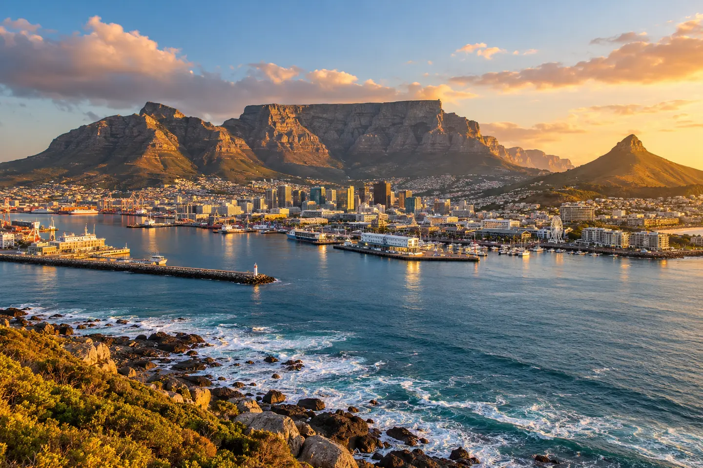 Illustrative view of Cape Town and Table Mountain in warm evening light