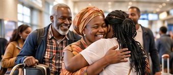 A family enjoying a warm reunion at an airport